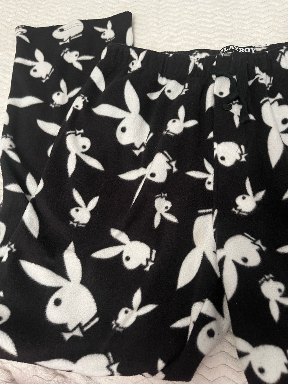Thrifted Playboy Black & White Bunny Print Fleece Lounge Pj Pants